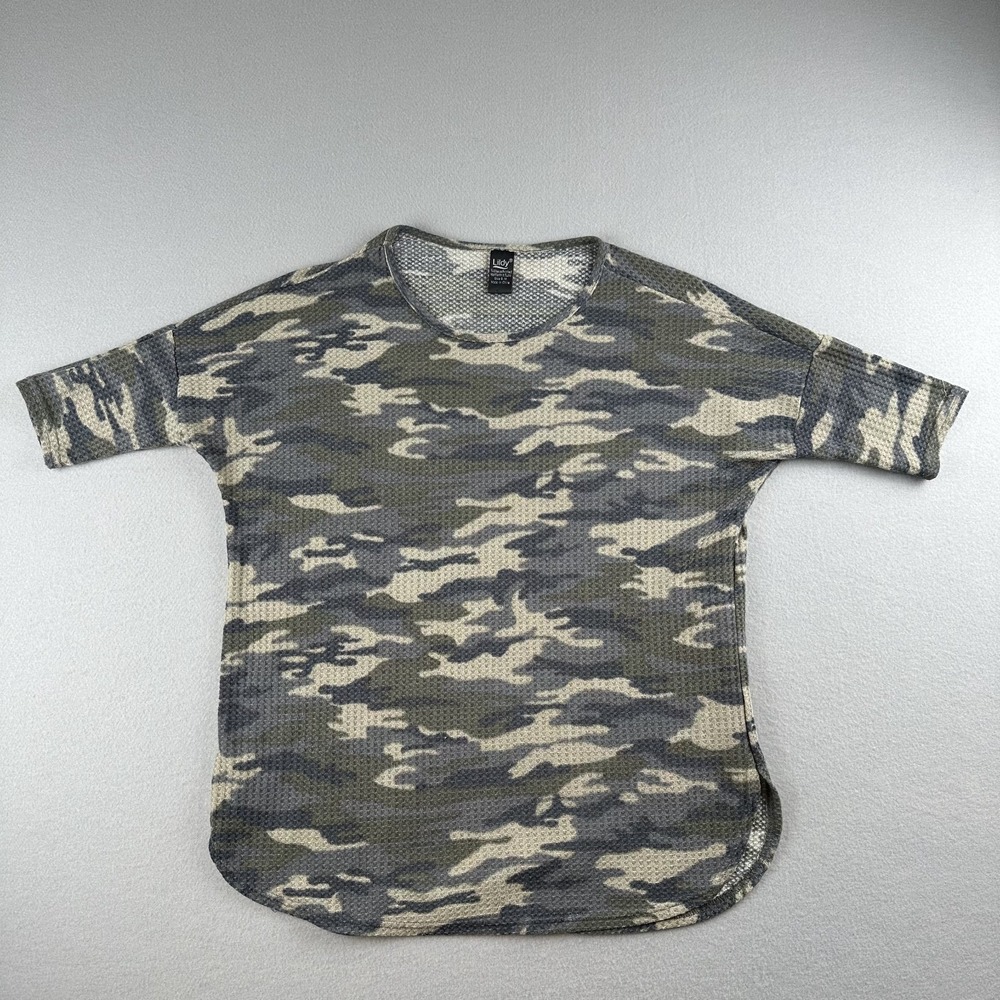 Lildy‎ Waffle Knit Tunic Women S-M Green Camo 3/4 Sleeve Relaxed Fit Top